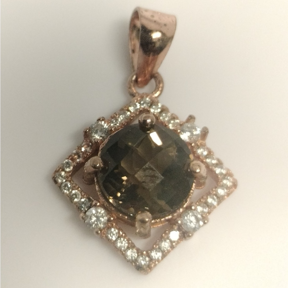 Elegant Sterling Silver Rose Gold Round Smokey Quartz and CZ Pendant 2.4g